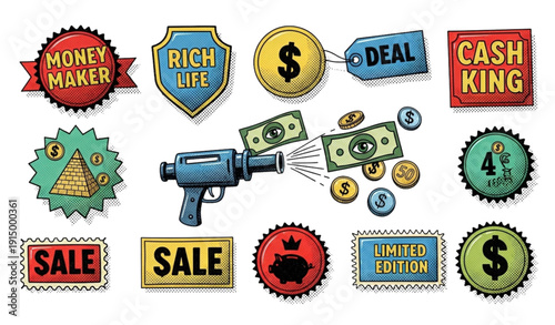 Colorful retro money badge and patch vector collection