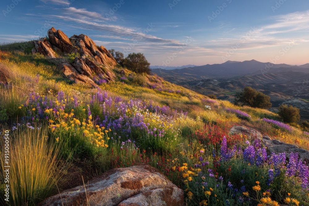 Naklejka premium Dewy blossoms blanket a high butte at dawn, expansive horizon