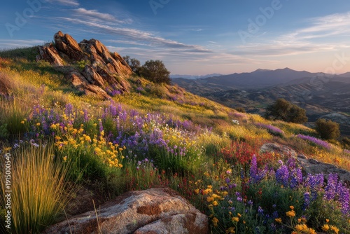 Dewy blossoms blanket a high butte at dawn, expansive horizon