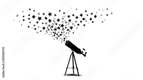 A black silhouette of a telescope with stars bursting from the lens. Stars are in the sky