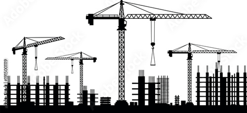 Black silhouette set of construction cranes and building site, industrial architectural projects, cad drawing flat vector illustration, isolated on white.