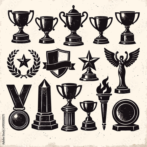 A collection of vintage monochrome trophies, awards, and achievement symbols including cups, medals, wreaths, and statues.