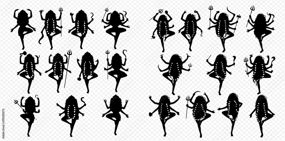 Ταπετσαρία Set of Goddess Durga silhouettes in various poses, Hindu deity vector illustration