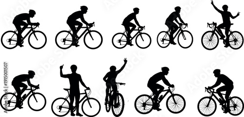 Black silhouette set of professional cyclists riding bicycles, racing bikes and mountain bike athletes, cad drawing flat vector illustration, isolated.