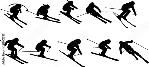 Black silhouette set of professional skiers downhill racing on snow, winter sports athletes, cad drawing flat vector illustration, isolated.
