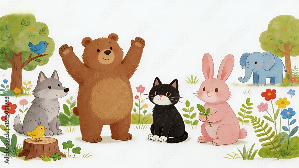 Naklejka premium Sunny Forest Friends: Adorable Animal Gathering in Nature