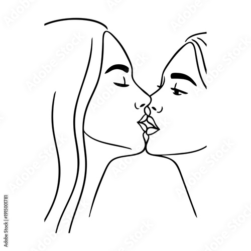 Dibujo con líneas de una pareja lesbiana romántica desnuda besándose. Novias enamoradas para tarjetas y felicitaciones de San Valentín