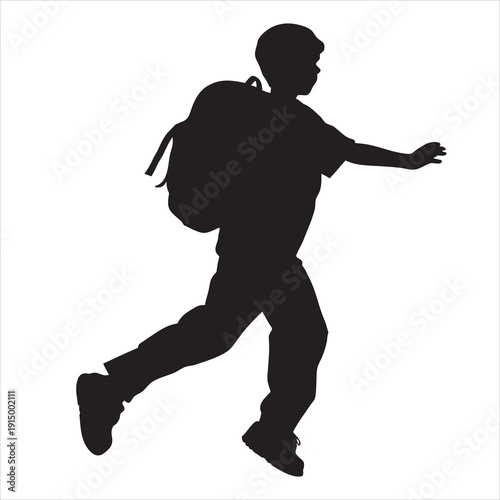 Silhouette of a Young Boy with a Backpack Running to School 