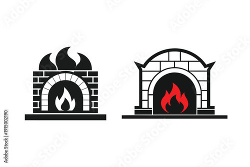 Stylized fireplace icons with burning logs and brick structures silhouette