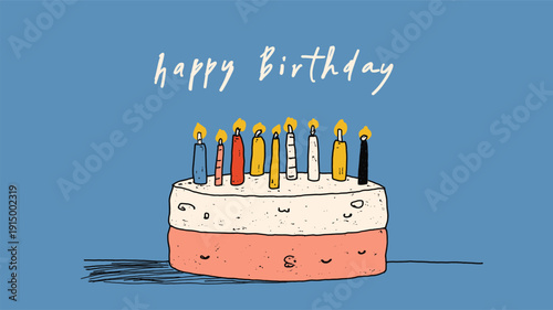 Birthday cake with ten candles and happy birthday text. Illustrated birthday cake with ten lit candles and Happy Birthday message on blue background