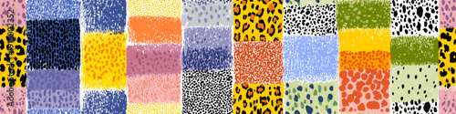 Abstract animal skin pattern with colorful blocks. Seamless collage pattern featuring diverse animal print textures and abstract color blocks