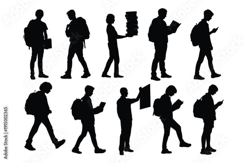 Set of Student Silhouettes with Backpacks Reading Books and Walking on Campus