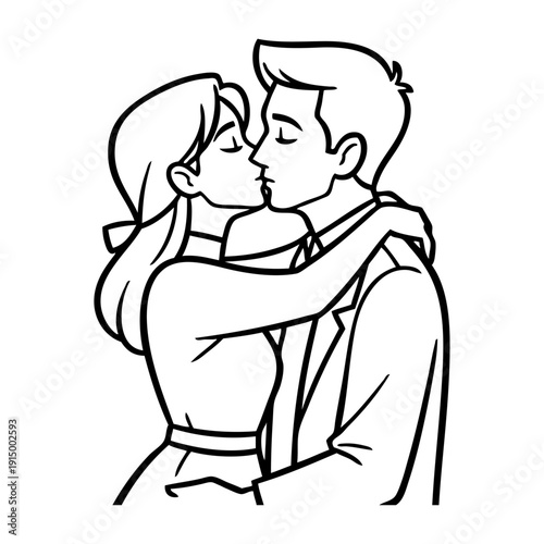 Dibujo con líneas de una pareja romántica besándose. Novio y novia enamorados para tarjetas y felicitaciones de San Valentín 