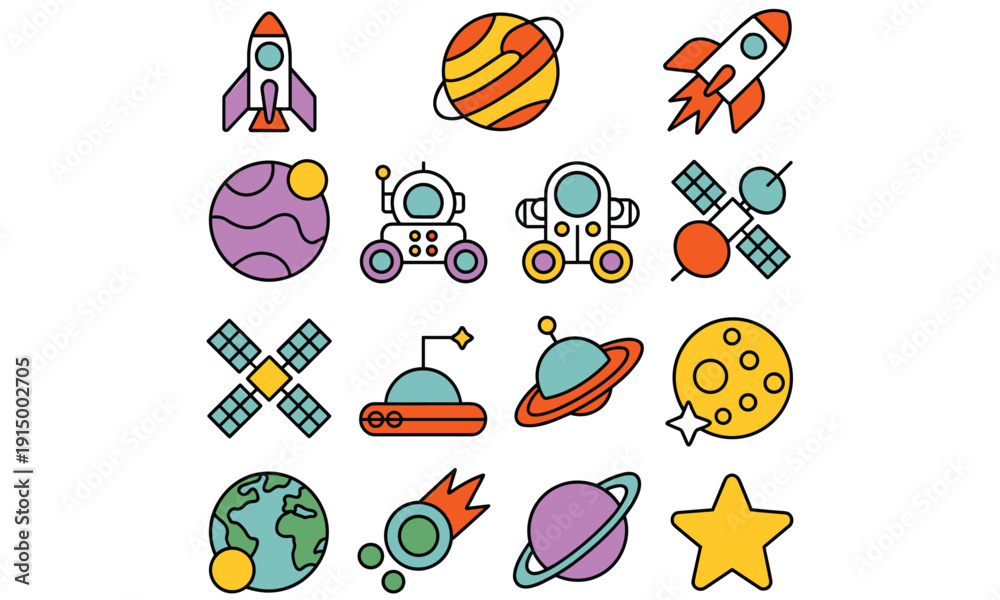 Fototapeta premium Colorful cartoon space icons collection featuring rockets planets satellites and stars in a fun and playful design for kids and educational purposes in a visually appealing arrangement 