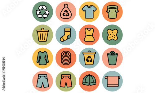 Collection of colorful icons representing various clothing items and waste management symbols, showcasing a mix of recyclable materials and everyday objects in a visually appealing graphic style.