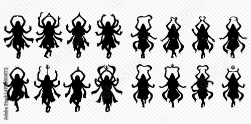 Set of various Hindu deities and goddesses in silhouette, representing different forms and poses, isolated on a transparent background.