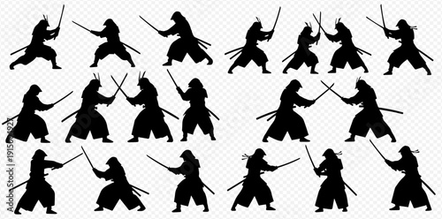 Samurai warriors in various action poses with katanas, depicting martial arts and ancient Japanese culture.