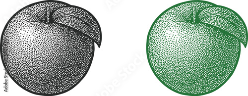 halftone apple icon isolated on white background, black and green vector illustration of fresh fruit with leaf and dot shading for organic food and healthy lifestyle concepts.