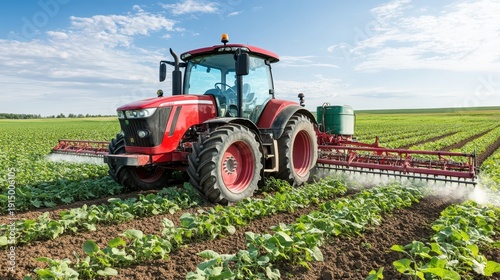 Agricultural tractor sprays pest control on vast field large tractor applies pest control across extensive crop field
