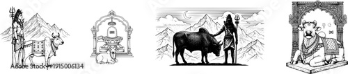 Lord Shiva and Nandi bull vector bundle. Black and white line art collection for Mahashivratri posters, Hindu spiritual wall decor, temple invitation designs, and religious educational materials