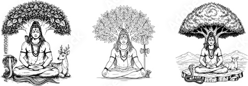 Lord Shiva meditation vector bundle. Detailed black and white line art set for Mahashivratri posters, yoga studio branding, spiritual wellness apps, Hindu mythology books, and zen wall art decor