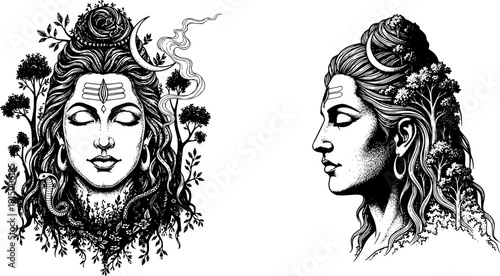 Lord Shiva face vector bundle with nature elements. Artistic line art for Mahashivratri posters, Hindu spiritual wall decor, yoga meditation branding, religious tattoos, and coloring book designs