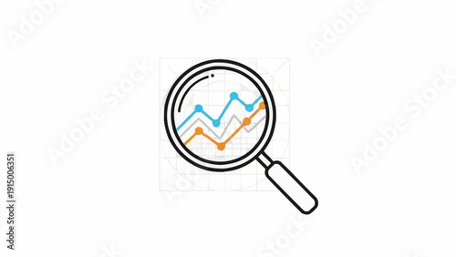 Magnifying glass with line graph inside.