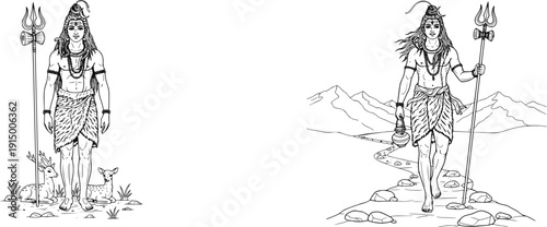 Lord Shiva standing with deers and walking on sacred mountain path. Detailed line art vector set for Hindu branding, spiritual posters, Mahashivratri graphics, temple art, and adult coloring pages