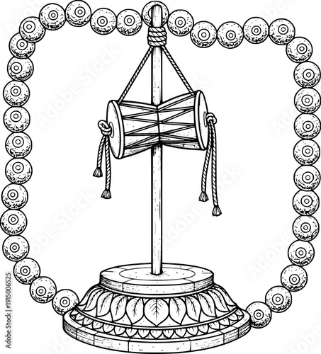 Sacred Shiva Damaru with Rudraksha mala beads on Lotus altar. Detailed line art vector for Yoga branding, spiritual meditation decor, Hindu prayer books, religious flyers, and coloring pages