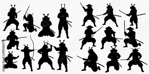 Set of Samurai Warrior Silhouettes in Various Dynamic Poses with Katanas and Bows, Representing Ancient Japanese Culture and Martial Arts.