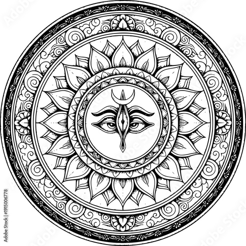 Sacred Lord Shiva third eye Trinetra in floral mandala frame. Detailed line art vector for Hindu spiritual branding, meditation logos, Yoga studio decor, spiritual tattoos, and coloring pages