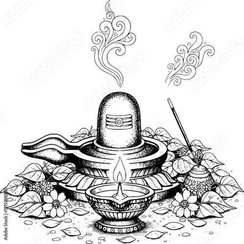 Shiva Lingam vector with Diya, incense, and Bilva leaves. Black and white line art for Mahashivratri puja banners, spiritual Hindu temple posters, meditation app graphics, and religious stationery