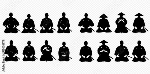 Samurai warriors in traditional Japanese attire, sitting in seiza position, with swords, in a silhouette vector illustration set.