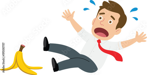 Funny cartoon businessman slipping on banana peel, shocked office worker falling down with surprised expression, workplace accident concept isolated on white background illustration