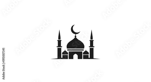 Simple Black Silhouette of Mosque with Two Minarets, isolated white background.
