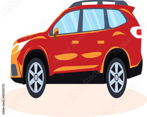 Vintage red 4x4 SUV and old automobile vector illustration isolated on a road for transport design