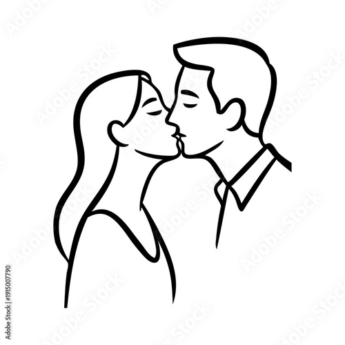 Dibujo con líneas de una pareja romántica besándose. Novio y novia enamorados para tarjetas y felicitaciones de San Valentín 