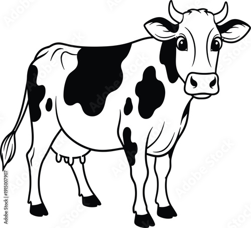 Hand drawn black and white line art illustration of a Holstein dairy cow isolated on white background for farm branding or coloring.