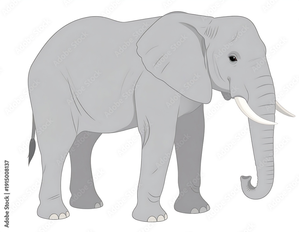Fototapeta premium A gray elephant with white tusks stands on a plain background