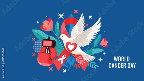 Symbolic illustration for World Cancer Day featuring a white dove, a red awareness ribbon, flowers, and a boxing glove for strength.