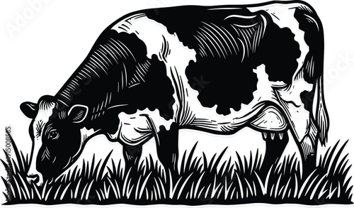 Hand drawn woodcut style illustration of a Holstein cow grazing in a grass pasture isolated on white background for organic dairy farm branding.
