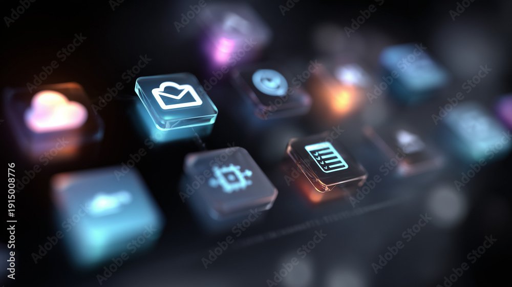 Obraz premium Futuristic holographic interface showing connected apps and tools integration. 