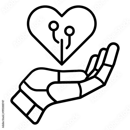 Medical AI Line Icon – Robotic Hand Holding Human Heart, Futuristic Healthcare Technology Vector Symbol