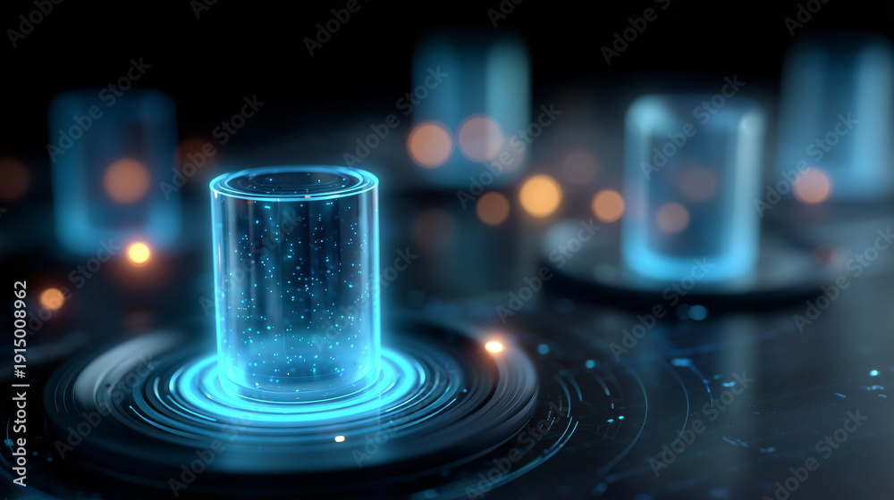 Obraz premium Database settings futuristic holographic visualization above laptop. 
