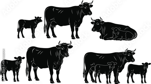 Large collection of black cattle silhouettes featuring cows bulls and calves in various standing and lying poses for farm and ranch branding.