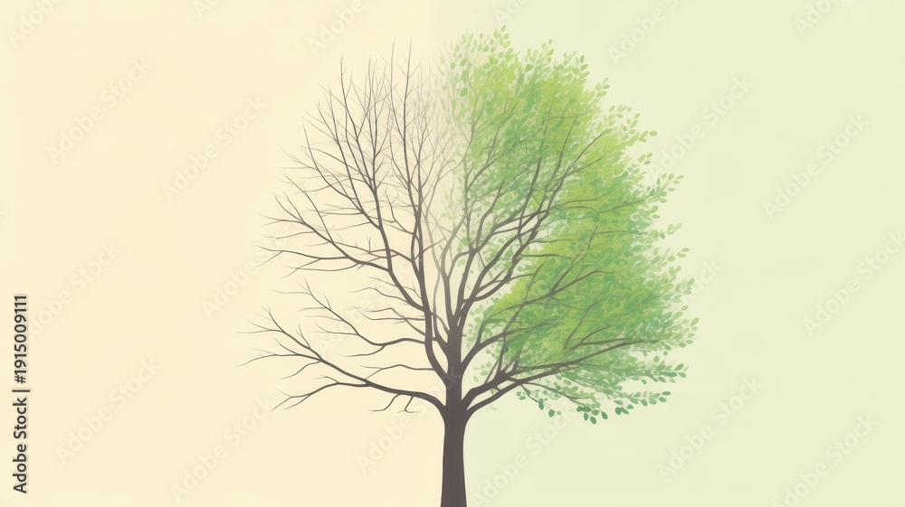 Fototapeta premium Stylized illustration of a tree showing the seasonal change from bare branches to lush green leaves on a split background