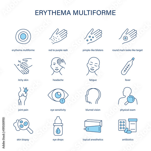 Erythema Multiforme symptoms, diagnostic and treatment vector icon set. Line editable medical icons