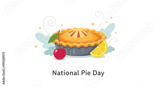 Freshly baked whole pie with a golden crust served with a cherry and a lemon slice for National Pie Day celebration.