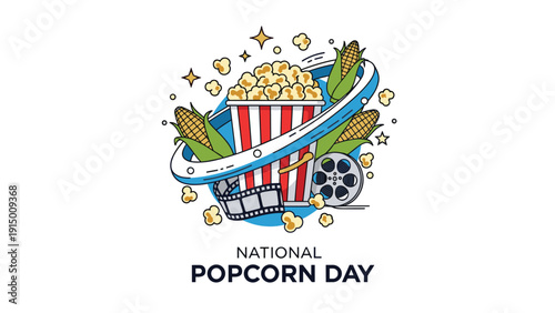 Striped bucket full of popcorn surrounded by corn cobs, a film reel, and stars for National Popcorn Day promotion.