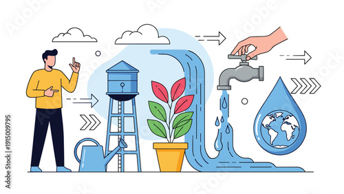 Educational illustration about water conservation featuring a water tower, a plant, a tap, and the Earth globe inside a water drop.